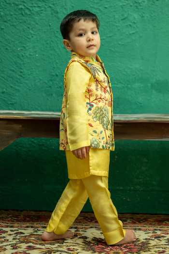 Rage Attire-Sweta Saria_Yellow Silk, Bemberg, Cotton Nature Vibes Nehru Jacket Kurta Set _Online_at_Aza_Fashions