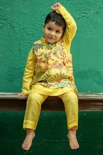Buy_Rage Attire-Sweta Saria_Yellow Silk, Bemberg, Cotton Nature Vibes Nehru Jacket Kurta Set _Online_at_Aza_Fashions