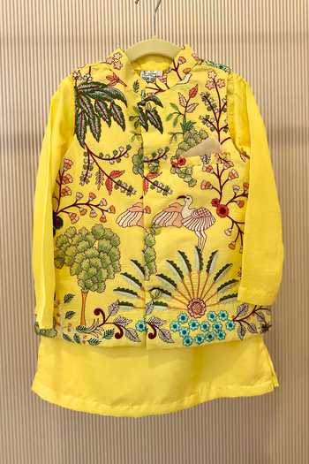 Shop_Rage Attire-Sweta Saria_Yellow Silk, Bemberg, Cotton Nature Vibes Nehru Jacket Kurta Set _Online_at_Aza_Fashions