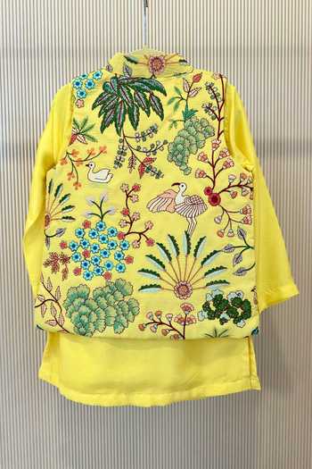 Rage Attire-Sweta Saria_Yellow Silk, Bemberg, Cotton Nature Vibes Nehru Jacket Kurta Set _at_Aza_Fashions