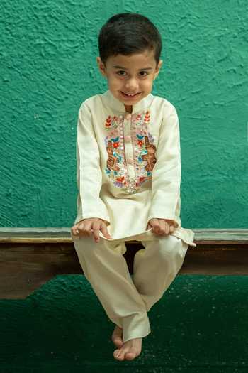 Buy_Rage Attire-Sweta Saria_Ivory Silk, Bemberg, Cotton Yoke Embroidered Kurta Set _Online_at_Aza_Fashions