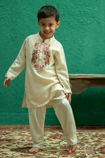 Rage Attire-Sweta Saria_Ivory Silk, Bemberg, Cotton Yoke Embroidered Kurta Set _at_Aza_Fashions