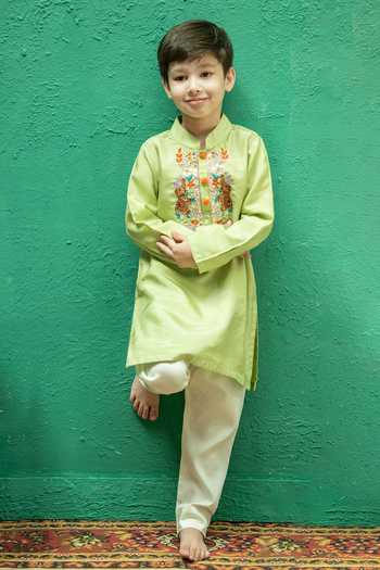 Shop_Rage Attire-Sweta Saria_Green Silk, Bemberg, Cotton Placement Embroidered Kurta Set _Online_at_Aza_Fashions