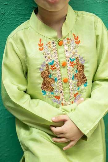 Rage Attire-Sweta Saria_Green Silk, Bemberg, Cotton Placement Embroidered Kurta Set _at_Aza_Fashions