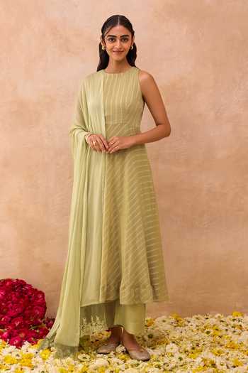 Taro Olive Mist Stripe Pattern Anarkali Set 
