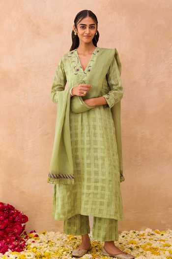 Taro_Green Cotton, Kota Doria V-neck, Yes Sage Embroidered Kurta Set _at_Aza_Fashions