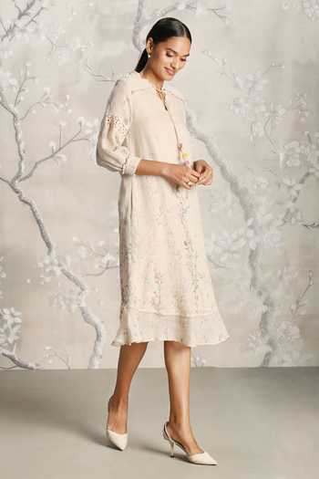 Kaveri_Beige Linen Embroidery Open Neck Walk In The Clouds Karma Floral Pattern Dress _Online_at_Aza_Fashions