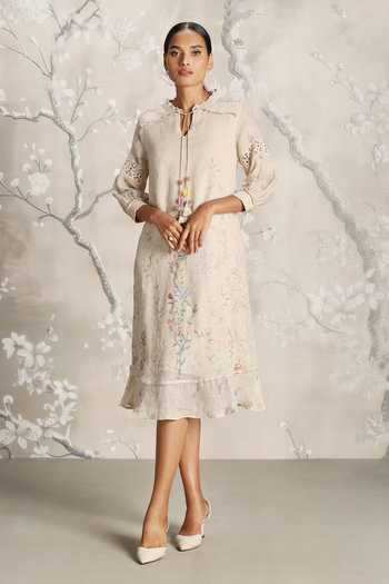 Buy_Kaveri_Beige Linen Embroidery Open Neck Walk In The Clouds Karma Floral Pattern Dress _Online_at_Aza_Fashions