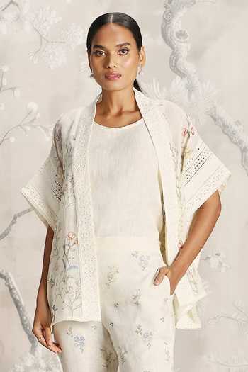 Shop Kaveri Off White Linen Embroidery Walk In The Clouds Floral Print Kaftan And Pant Set Online at Aza Fashions Shop_Kaveri_Off White Linen Embroidery Walk In The Clouds Floral Print Kaftan And Pant Set _Online_at_Aza_Fashions