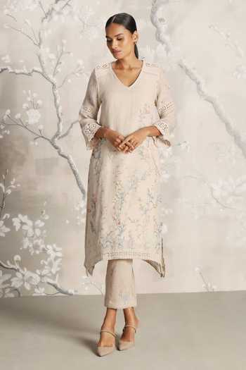 Buy_Kaveri_Beige Linen Walk In The Clouds Fly Free Floral Pattern Kurta And Pant Set _Online_at_Aza_Fashions