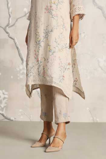 Shop_Kaveri_Beige Linen Walk In The Clouds Fly Free Floral Pattern Kurta And Pant Set _Online_at_Aza_Fashions