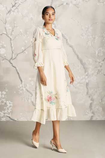 Kaveri_Off White Linen Embroidery V-neck Corsage Bed Roses Dress _Online_at_Aza_Fashions