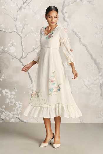 Shop_Kaveri_Off White Linen Embroidery V-neck Corsage Bed Roses Dress _Online_at_Aza_Fashions