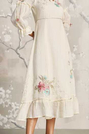 Buy_Kaveri_Off White Linen Embroidery V-neck Corsage Bed Roses Dress 