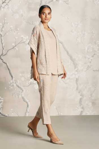 Kaveri_Beige Linen Open Neck Floral Hand Screen Printed Kaftan Set _Online_at_Aza_Fashions