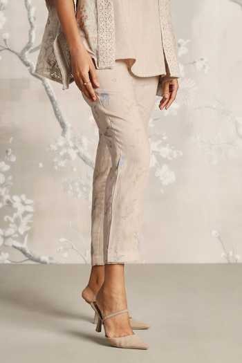 Buy_Kaveri_Beige Linen Open Neck Floral Hand Screen Printed Kaftan Set _Online_at_Aza_Fashions