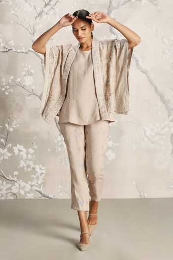 Kaveri_Beige Linen Open Neck Floral Hand Screen Printed Kaftan Set _at_Aza_Fashions