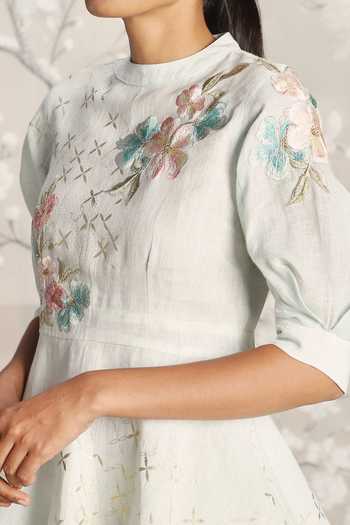 Shop_Kaveri_Beige Linen Embroidery Round Neck Floral Peplum Top With Pant _Online_at_Aza_Fashions