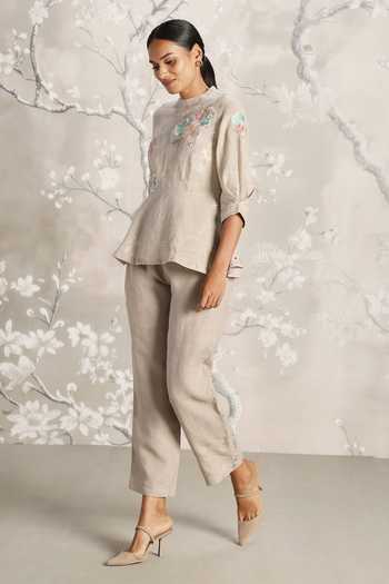 Kaveri_Grey Linen Embroidery Round Neck Floral Top With Pant _Online_at_Aza_Fashions