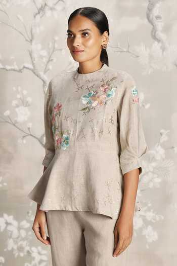 Buy_Kaveri_Grey Linen Embroidery Round Neck Floral Top With Pant _Online_at_Aza_Fashions