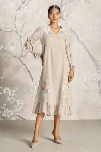 Buy_Kaveri_Grey Linen Embroidery V-neck Flower Silk Dress _Online_at_Aza_Fashions
