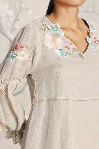 Shop_Kaveri_Grey Linen Embroidery V-neck Flower Silk Dress _Online_at_Aza_Fashions
