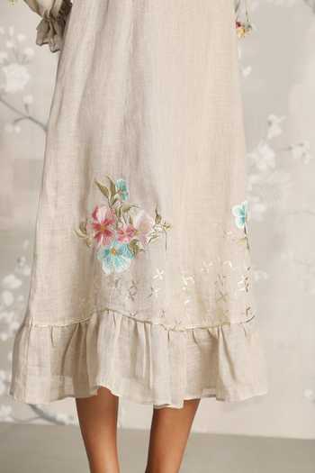 Kaveri_Grey Linen Embroidery V-neck Flower Silk Dress _at_Aza_Fashions