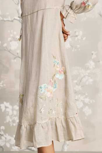 Buy_Kaveri_Grey Linen Embroidery V-neck Flower Silk Dress 