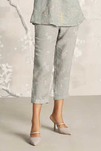 Buy Kaveri Green Linen Embroidery Open Walk In The Clouds Karma Floral Print Top And Pant Set Buy_Kaveri_Green Linen Embroidery Open Walk In The Clouds Karma Floral Print Top And Pant Set