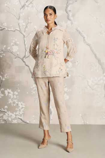 Kaveri_Beige Linen Tassels, Walk In The Clouds Karma Floral Pattern Top And Pant Set _Online_at_Aza_Fashions