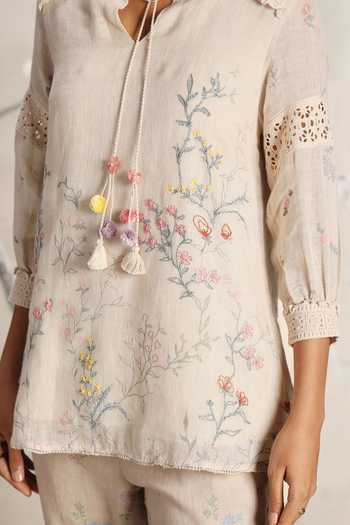 Shop_Kaveri_Beige Linen Tassels, Walk In The Clouds Karma Floral Pattern Top And Pant Set _Online_at_Aza_Fashions