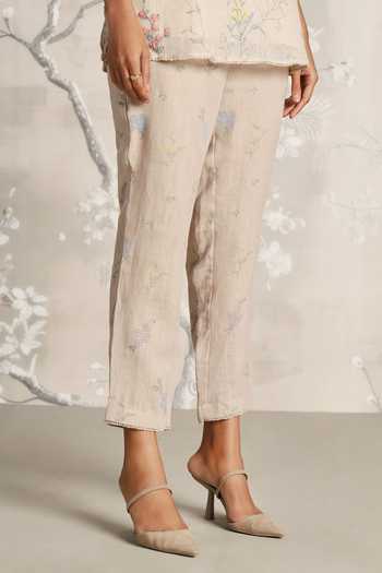 Buy_Kaveri_Beige Linen Tassels, Walk In The Clouds Karma Floral Pattern Top And Pant Set 