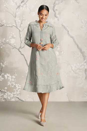 Kaveri_Green Linen Embroidery Round Neck Walk In The Clouds Karma Floral Print Dress _Online_at_Aza_Fashions