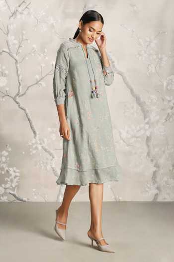 Buy_Kaveri_Green Linen Embroidery Round Neck Walk In The Clouds Karma Floral Print Dress _Online_at_Aza_Fashions