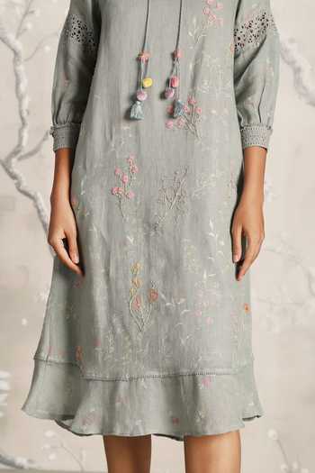 Kaveri_Green Linen Embroidery Round Neck Walk In The Clouds Karma Floral Print Dress _at_Aza_Fashions