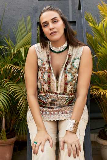 Buy_Aseem Kapoor_Multi Color Muslin, Net, Crepe Beads, Multicolor Embroidered Dress And Sharara Set 