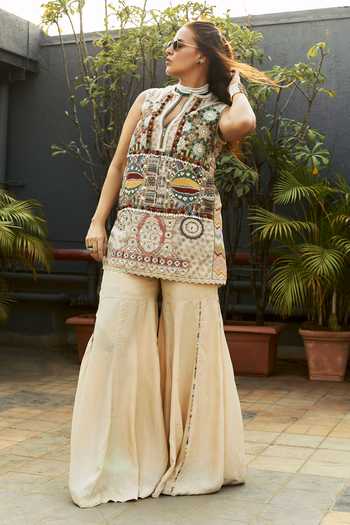 Shop_Aseem Kapoor_Multi Color Muslin, Net, Crepe Beads, Multicolor Embroidered Dress And Sharara Set 