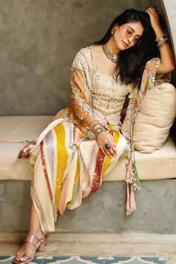 Shop_Aseem Kapoor_Ivory Net, Satin, Silk, Cotton Sequins, Beads Chevron Print Jacket And Trouser Set 
