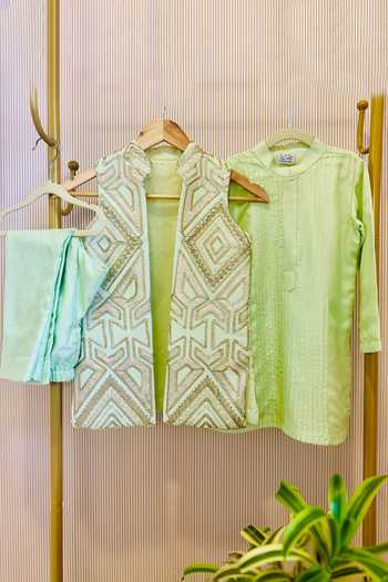 Rage Attire-Sweta Saria_Green Silk, Bemberg, Cotton Embroidered Nehru Jacket Kurta Set _Online_at_Aza_Fashions