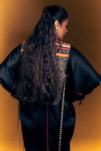Aseem Kapoor_Black Tussar, Cotton, Silk Embroidery, Beads, Tassels Zuri Gilet With Dress_at_Aza_Fashions
