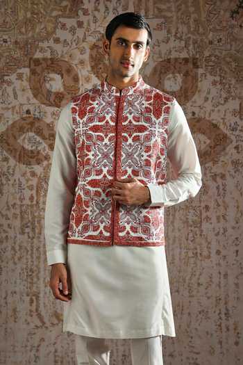 Buy_Asuka_Ivory Pashmina Kashida Embroidered Bundi Kurta Set _Online_at_Aza_Fashions