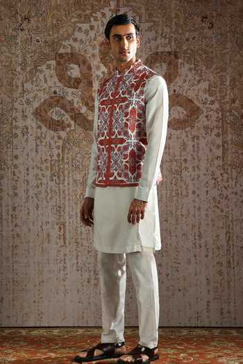 Shop_Asuka_Ivory Pashmina Kashida Embroidered Bundi Kurta Set _Online_at_Aza_Fashions