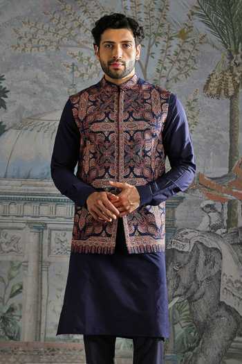 Buy_Asuka_Blue Pashmina Zari Persian Motif Bundi Kurta Set _Online_at_Aza_Fashions