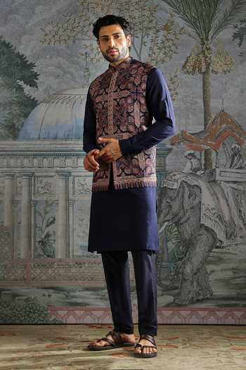 Shop_Asuka_Blue Pashmina Zari Persian Motif Bundi Kurta Set _Online_at_Aza_Fashions