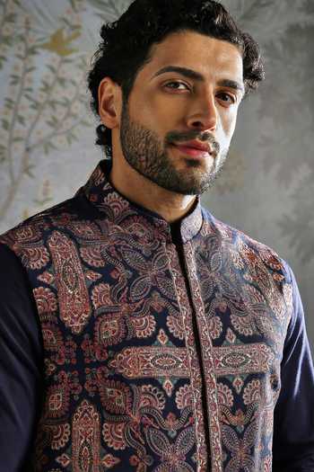 Asuka_Blue Pashmina Zari Persian Motif Bundi Kurta Set _at_Aza_Fashions