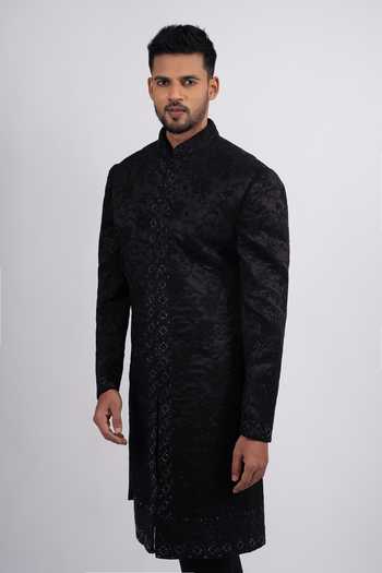 Sven Suits_Black Silk Embroidered Sherwani Set _Online_at_Aza_Fashions