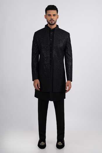 Shop_Sven Suits_Black Silk Embroidered Sherwani Set _Online_at_Aza_Fashions