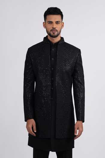 Sven Suits_Black Silk Embroidered Sherwani Set _at_Aza_Fashions