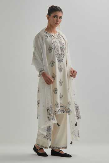 Kora Floral Embroidered Silk Chanderi Kurta Set 