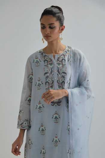 Kora_Blue , Chanderi, Cotton, Organza Round Neck, Floral Butta Kurta Set _Online_at_Aza_Fashions
